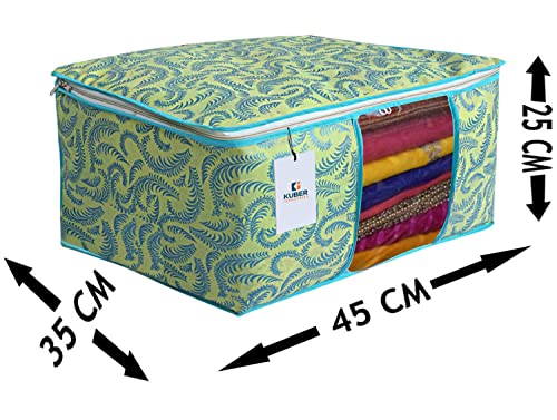 Image of Kuber Industries 45 X 33 X 22 Cm Foldable Saree Covers with Zip|Non Woven Clothes Organiser for Wardrobe | Leaf Print with Transparent Window | Pack Of 3 (Green)