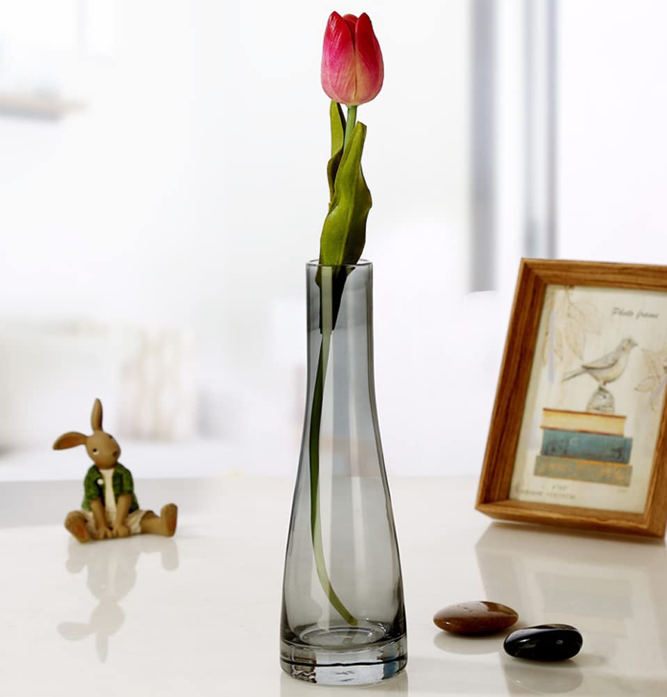 Hand-Made Blown Art Bud Glass Vase Clear Flower Bud Vase Single Stem Vases Decorative Glass Vase Bottles Centerpiece for Wedding Party Home and Office Décor(Grey)
