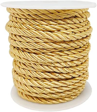 Lanyoshe 5mm 18Yards Twisted Cord Trim Gold Nylon Decorative Rope 3 Braided Trim Thread String for Curtain Tieback, Christmas Bag Drawstrings, Home Décor, Embellish Costumes and Jewelry Crafts