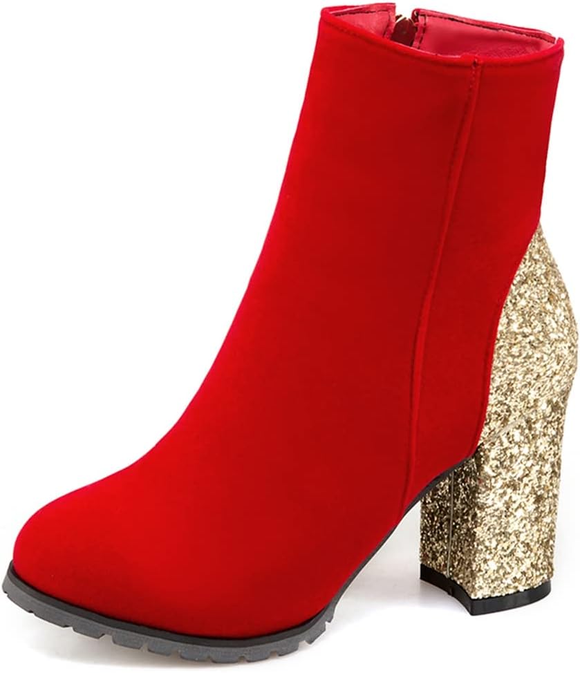 Women's Fashion Glitter Chunky High Heel Dressy Ankle Boots Round Toe Side Zipper Dress Short Booties