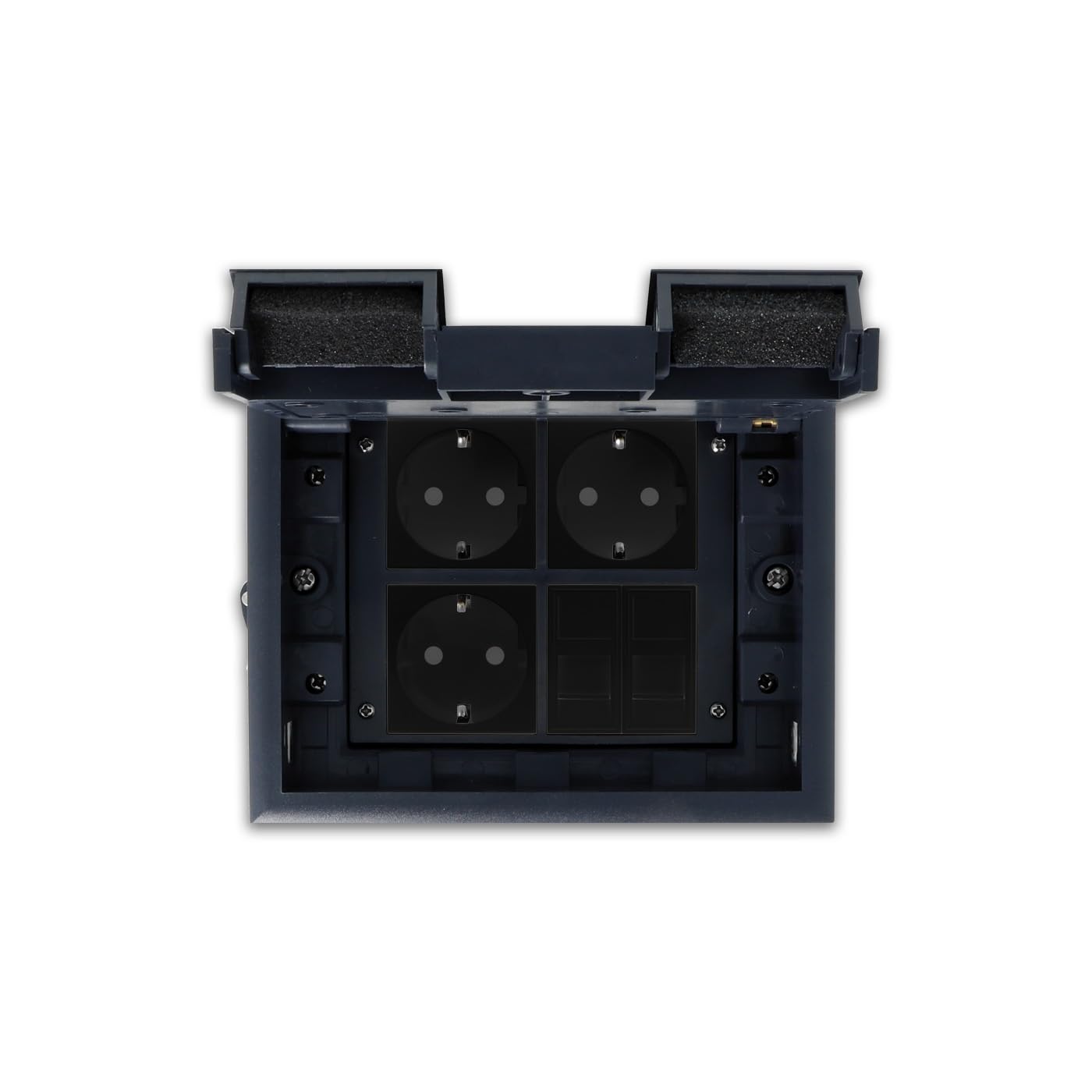 Caja de plástico para depósito de suelo, IP20, 3 enchufes Schuko VDE + 2 enchufes de red, listo para instalar, caja de suelo, tapa retráctil, suelo hueco Luxus-Time