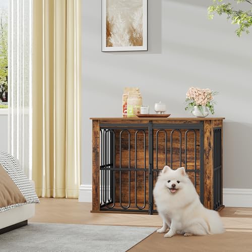 HEXCELEN Hundekäfig-Möbel aus Holz, 81 cm Hundebox für Zuhause, Hundekäfig mit 2 Türen, Schiebetüren, für Kleine, Mittlere Hunde, Robuster, Beistelltisch, 81 × 55 × 62,4 cm, Braun