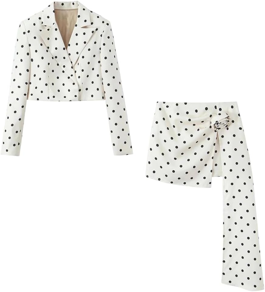Women's Polka Dot Broad Shoulder Lapel Long Sleeve Belted Waist Casual Skirt Suit