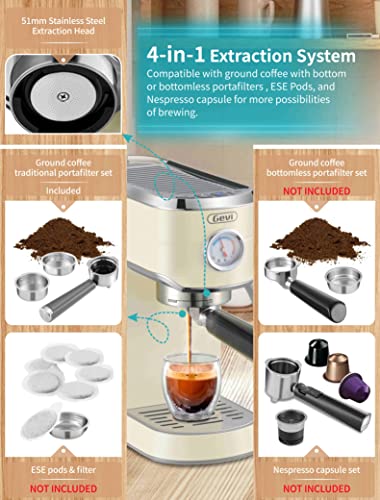 Gevi 20 Bar Compact Professional Espresso Coffee Machine With Milk Frother For Espresso, Latte And Cappuccino Burr Coffee Grinder With 35 Precise Grind Settings, Beige #TOP4