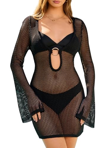 KUTUMAI Crochet Swimsuit Coverup for Women Summer V Neck Mesh Bathing Suit Cover Up Beach Dress Vacation Outfits