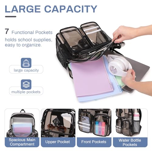 Clear Backpacks for School Heavy Duty Clear Bookbag Stadium Events Transparent Back Pack Girls Boys, Black Semitransparent4