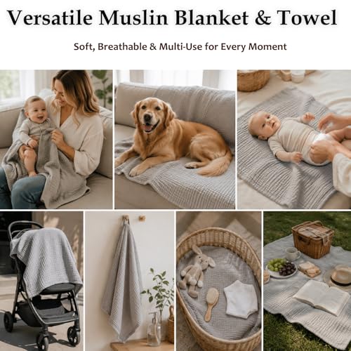 Image of Aablexema Muslin Baby Blanket Set of 2, Grey & Green | 6-Layer, 43 x 43 Inches, Newborn Toddler, Bath Towel Swaddle Wrap, For Boys Girls