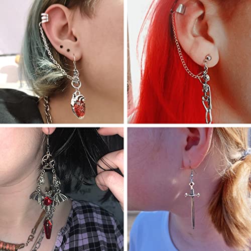 Sanfenly Gothic Punk Vintage Earrings Set Goth Grunge Rock Emo Jewelry Retro Silver Bat Snake Pentagram Sword Red Heart Skull Spider Dangle Stud Earring Chain Ear Cuff Trendy Halloween Earrings For Women Teen Girls #TOP2