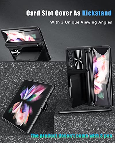 Vihibii For Galaxy Z Fold 3 Case With Card Holder & S Pen Holder, Sliding Camera Lens Protective Cover & Hinge Protaction & Kickstand & Screen Protector, Case For Samsung Galaxy Z Fold 3 2021 (Black) #TOP6