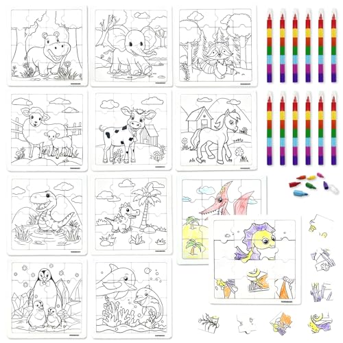 HahaMagic, 12PCS puzzles a colorier enfants, avec 12 crayons de couleurs empilables (7 couleurs en 1), coloriage animaux, convenant comme petits cadeaux...