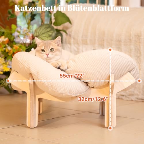 CheerPals Erhöhtes Katzenbett Blumenform, 55cm L&W Großes Katzensofa, Stilvoll Katzenstuhl mit Hochelastischer Weich Kissen, Katzenmöbel zum Schlafen für Alle Katze