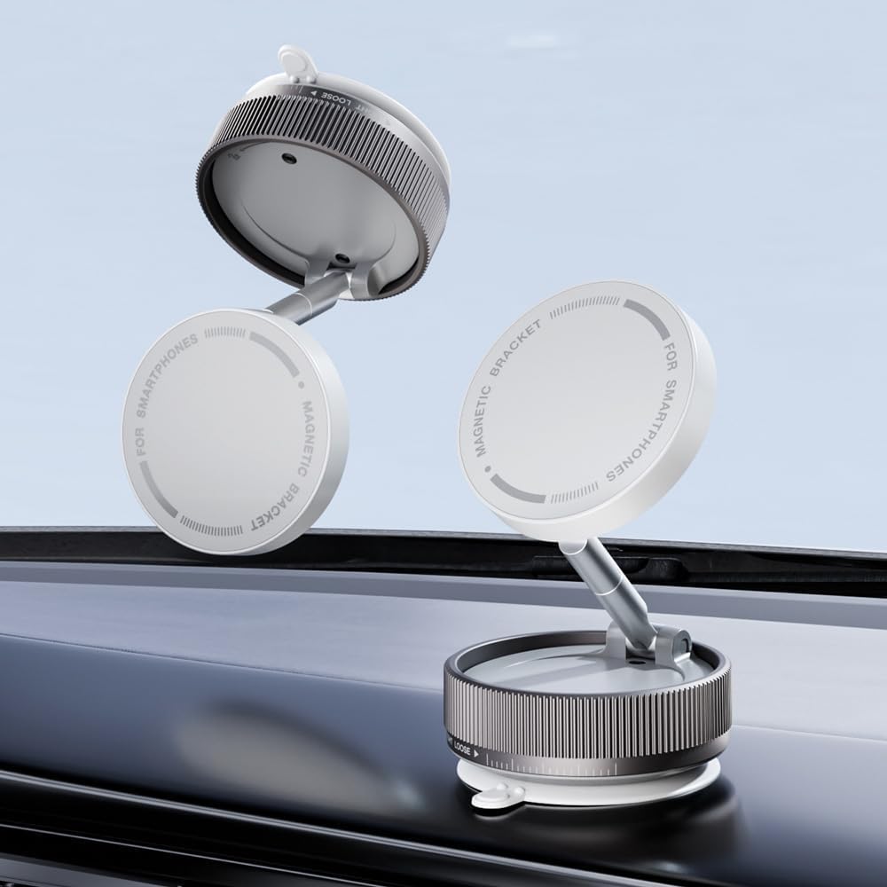 RIGGEAR Upgraded Magnetic Phone Holder with Vacuum Suction- 360° Adjustable, Foldable &Telescopic Car Mount for iPhone & Android - Works on Car Dash, Mirror, Gym & More - White