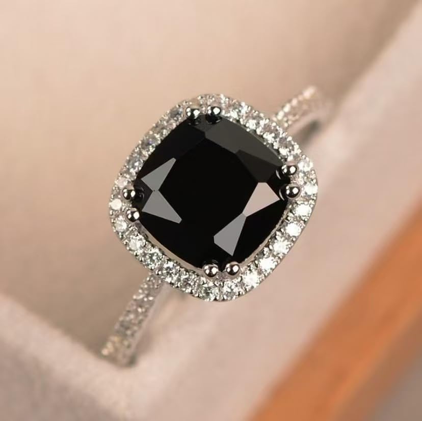 Gziweuwi 925 Sterling Silver Classic Ring Black Square Zircon Black Onyx Inlaid Simulated Diamond Ring for Women Black Agate Cubic Zirconia Promise Ring Jewelry-Making-Patterns 6