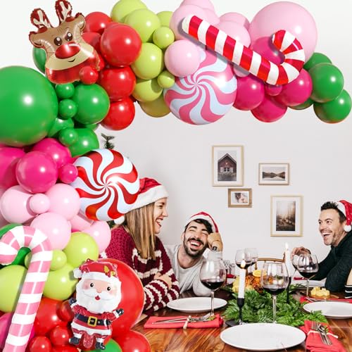Image of Christmas Arch Kit, Red Pink Green Latex Balloon Garland for Xmas Party | Christmas Party Decorations with Red Pink Green Candy Crutch Balloon Garland for Holiday Celebrations and Seasonal Events
