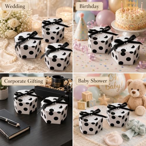 Image of SATYAM KRAFT 50 Pcs Small Hexagon Shape Paper Folding Gift Boxes with Ribbon | Premium Return Gift Boxes for Wedding, Birthday, Engagement, Baby Shower, Chocolate & Dry Fruit Packaging (Black)