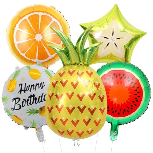 Image of Rozi Decoration Fruit Theme Foil Balloon Set for Kids Birthday Decoration - Pack of 5 with Pineapple, Watermelon, Orange and Happy Birthday Round Balloon