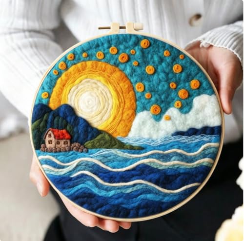 Image of 3 Sets Wool Felt Sets Seascape Scenery Needle Felting Kits DIY Handmade Wool Felt Painting Kits Home Decor Needle Felt Starter Sets Gifts with Instructions and Foam Pad for Beginners (Yellow)