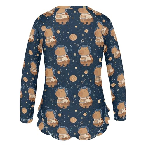 ALAZA Toddler Swimsuit Girl Bathing Suit Swimwear Rash Guard Astronaut Capybara Long Sleeve 3T3