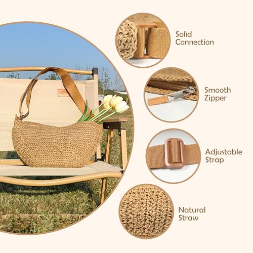 Straw Crossbody Bag for Women Summer Woven Beach Handbag Crescent Shoulder Purses with Adjustable Strap 20254