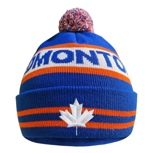 Cayyon Canada City Hockey Maple Leaf Embroidery Classic Pom Cuff Edmonton Beanie Hat Cuffed Winter Soft Beanie Knit Pom Hat Cap Blue
