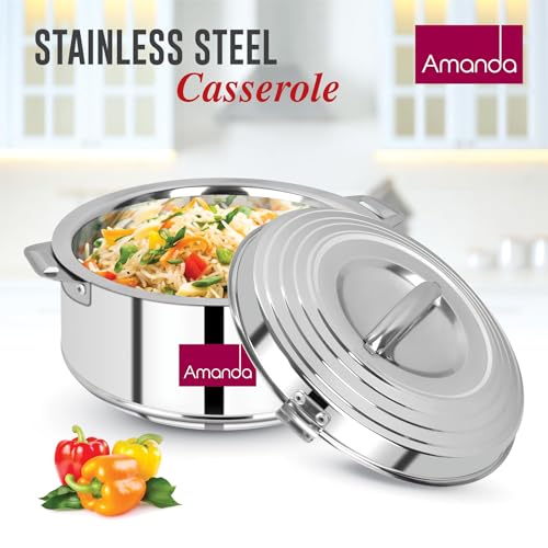 Image of Amanda Stainless Steel Casserole Set of 3 (1000ml, 2000ml & 3000ml) - Hot Pot for Roti, Sabji & Biryani | Durable & Rust-Free | Ideal for Daily Use & Gifting (Set of 2 (2000ML, 3000ML))