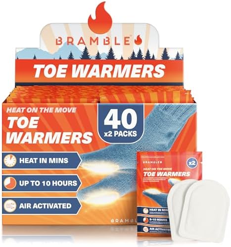 Bramble 80 Adhesive Toe Warmers for Feet (40 Pairs) Long Lasting Up to 10 Hr for Cold Weather & Outdoor Activities | Disposable Foot Warmers for Feet for Adult, Women & Kids
