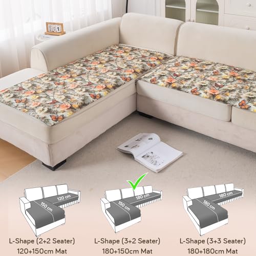 Image of HOKIPO 'Nature Muse' Premium HD Printed Holland Velvet L Shape (3+2 Seater) Sofa Cover Seat Mat, Butterfly Orchard (IN-916-D3 + IN-918-D3)
