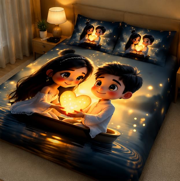 Image of 7D Digital Printed King Size Bedsheet with 2 Pillow Covers | Romantic Couple Love Theme | Premium Soft Microfiber Bedding Set | Ultra HD Designer Bedsheet