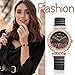 Imagen de JewelryWe Reloj Correa Elástica Mujer: Reloj de Cuarzo Analógico Redondo con Circonita Negro para Señora Escala de Números Arábigos Correa de Acero Inoxidable Extensible