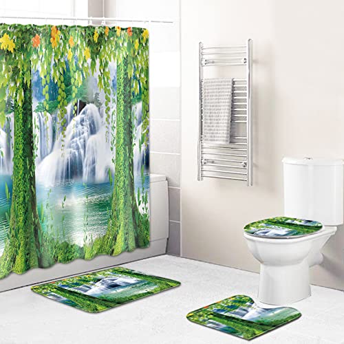 Badezimmerteppich Weißer Wasserfallbaum Badematte Set 3 Teilig,Teppich Badvorleger rutschfeste (50x80)+U-Typ…