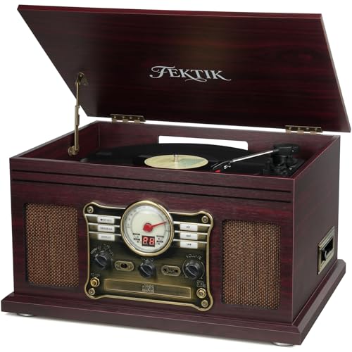 Image of FEKTIK Bluetooth Record Player 10 in 1, 3-Speed Belt-Drive Turntable with Speakers, Bluetooth Input & Output, CD, Cassette, FM Radio, Wireless Streaming