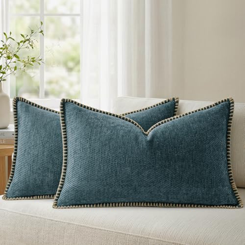 Image of a moment Pack of 2 Decorative Chenille Throw Pillow Covers with Twill Cushion Covers for Sofa Living Room Couch Bed 20x12 Inch,Crafted Border Dark Teal