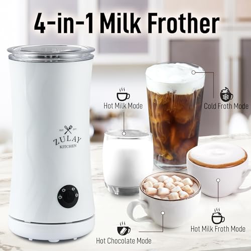 Image of Zulay 4-in-1 Milk Frother and Steamer - Automatic Hot and Cold Foam Maker with Auto Shut Off & Temperature Control for Coffee, Latte, Cappuccino, Hot Chocolate - White