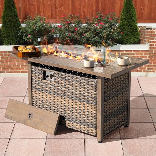 Image of Nuu Garden 43 Inch Propane Fire Pit, CSA-Listed Outdoor Fire Pit Table, 50000 BTU Gas FirePit with Lid, Glass Wind Guard, Glass Beads, 2-in-1 Rectangular FirePit for Outside Backyard, Brown