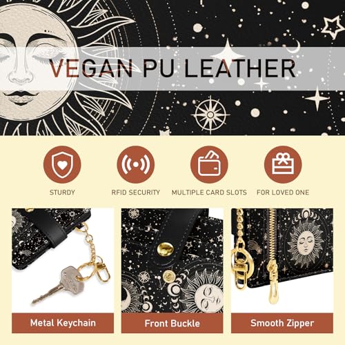 Image of Jogjam Rfid Women Wallet, Small Slim Thin Credit Card Wallet, PU Leather Bifold Cash Wallet, Zipper Coin Pocket & ID Window, Female Ladies Teen Girls Girly Gifts, Sun Moon, Modern
