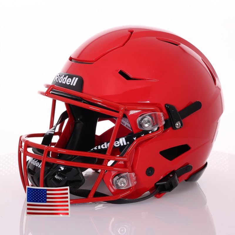 Green Gridiron - Riddell SpeedFlex Adult w/Scarlet SF-2BD Facemask + Chrome US Helmet Flag Decal (Scarlet Helmet, Large Helmet)