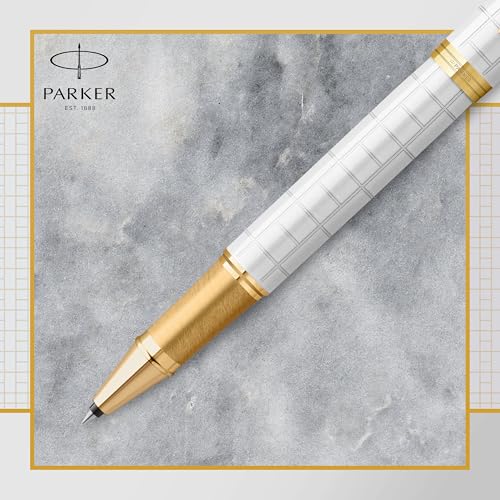 Image of Parker IM Rollerball Pen | Premium Pearl Lacquer with Gold Trim | Fine Nib with Black Ink Refill | Gift Box