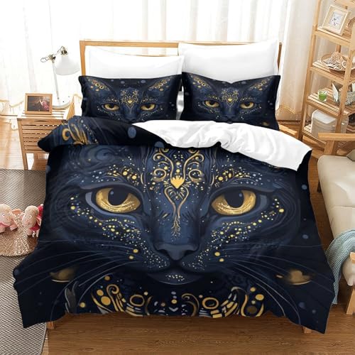 Housse de couette chat noir 140x200cm lit enfant avec parure de lit microfibre 3D