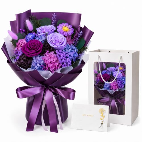 Preserved Purple Rose Bouquet 100% Real Flowers for Women Mother Wife Long-Lasting Eternal Roses with Gift Box Forever Flowers for Anniversary Birthday Mothers Day Lasts 3-5 Years