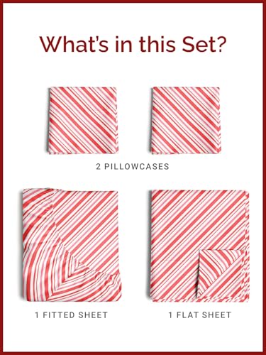 King Candy Cane Stripe Sheet Set - Holiday Xmas Pattern Bedding Set - Deep Pockets - Snug Fit - 4PC - Wrinkle Free & Easy Care - Comfy Festive Winter - Holiday Sheets for Women, Men, Kids & Teens