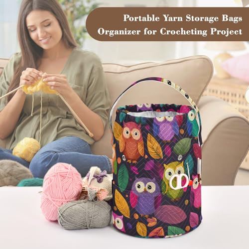 Image of ElliTarr Crochet Bag Yarn Bag with Handle Portable Knitting Project Bag Travel Yarn Storage Organizer Holder Case Black Owl and Leaves