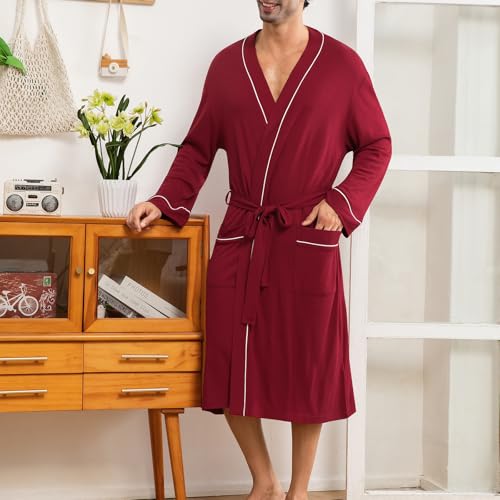 Mens Lightweight Robe Cotton Blend Kimono Bathrobe with Pockets, Soft Breathable Absorbent Loungewear for Home3