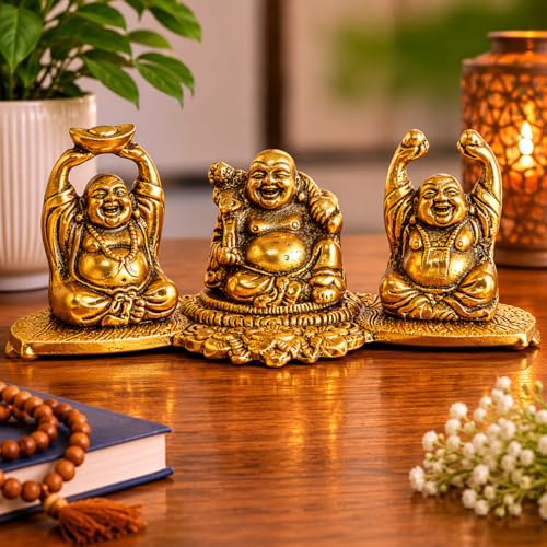 Figura de Buda Risueño de Metal 4 Pulgadas Dorado miniatura 3