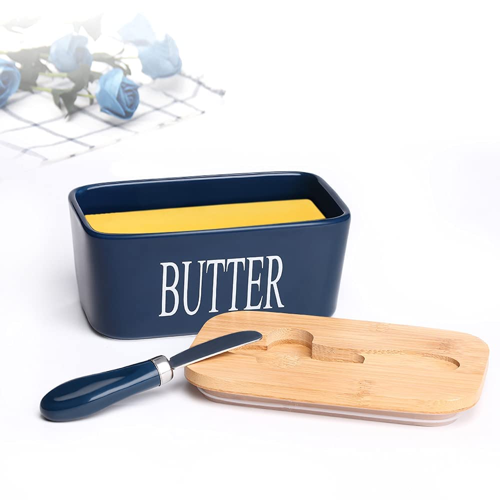 HEDRIX Ceramic Butter Dish Nordic Style Butter Box Butter Keeper Container Food Storage Candy Box Baking Dish with Wood Lid Knife for Kitchen, Standard 3