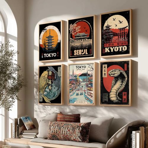 Image of HOTHOUSE Aesthetic Japanese Nature and City View Wall Framed Posters | Japanese Nature and City View Framed Poster for Living Room Bedroom Gaming Room Studio Wall Decor Set Of 6 (13X17 inch)