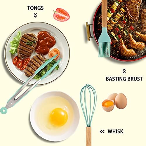 MIBOTE Silicone Cooking Kitchen Utensils Set with Holder, Wooden Handles Cooking Tool BPA Free Turner Tongs Spatula Spoon Kitchen Gadgets Set for Nonstick Cookware (Teal) Green image 7 of 7 B07G889T9F