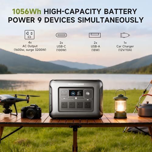 Image of ALLPOWERS Solar Generator R1500 LITE with 200W Foldable Solar Panel,1056Wh Portable Power Station LiFePO4 (LFP) Battery,1600W AC /100W USB-C Output for Outdoor Camping,Travel,Hunting,and Power Outages