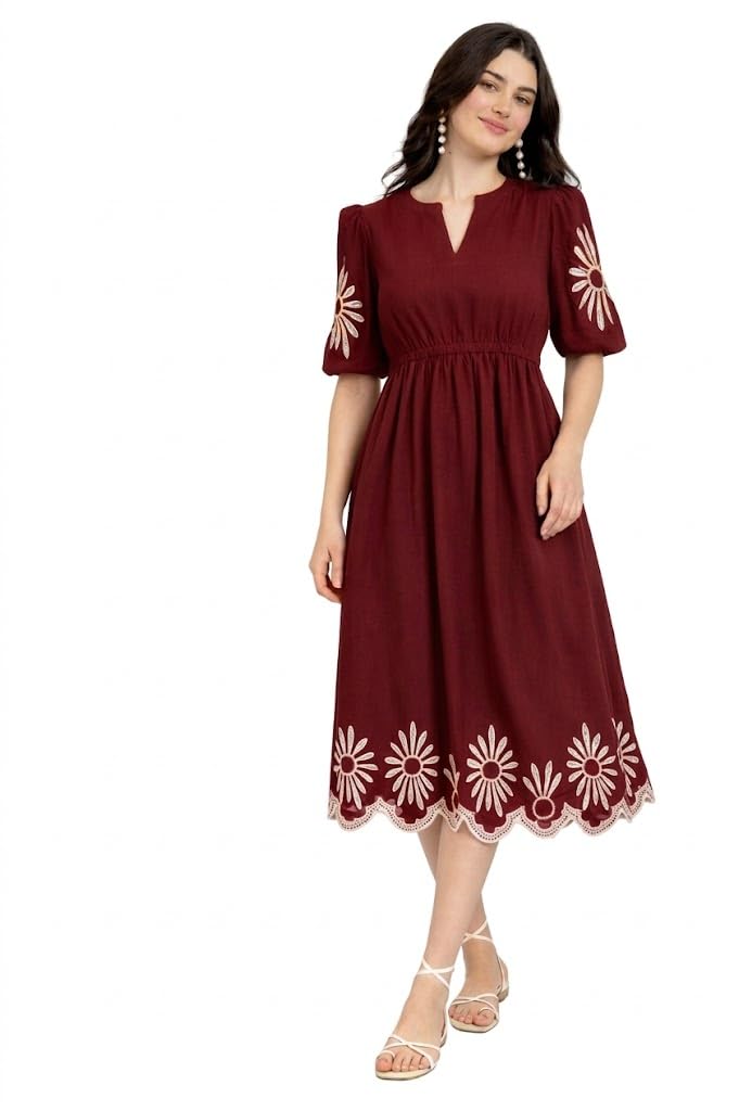 Stylish Rayon Fabric Embroidery Cutwork Cutwork with Puff Sleeve Summer Speacial Women Casual wear Maxi Long Dress-image-46