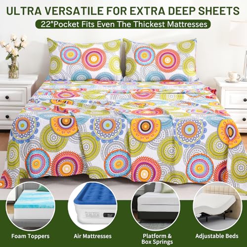 Image of Bedlifes Extra Deep Pocket 18-24 inch King 4-Piece Sheet Set - Cooling Sheets Blend Rayon Derived from Bamboo Soft & Breathable,Featuring Mandala Patterned