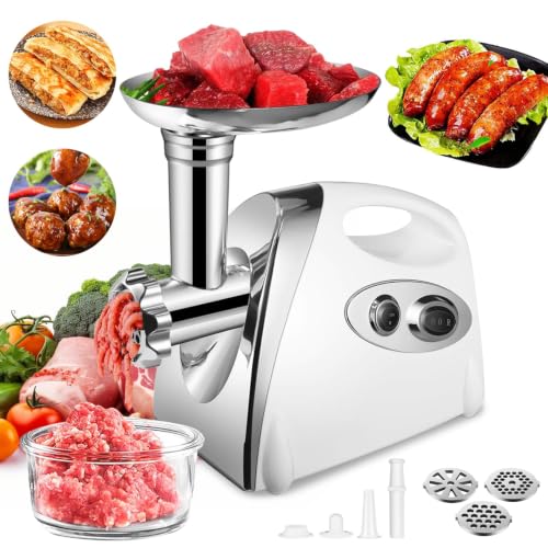 SINZUX Hachoir a Viande Électrique, 2800w, Meat Grinder avec 3 Plaques de Coupe (en Acier Inoxydable), Pour la Préparation Saucisses, Boulettes etc., Blanc